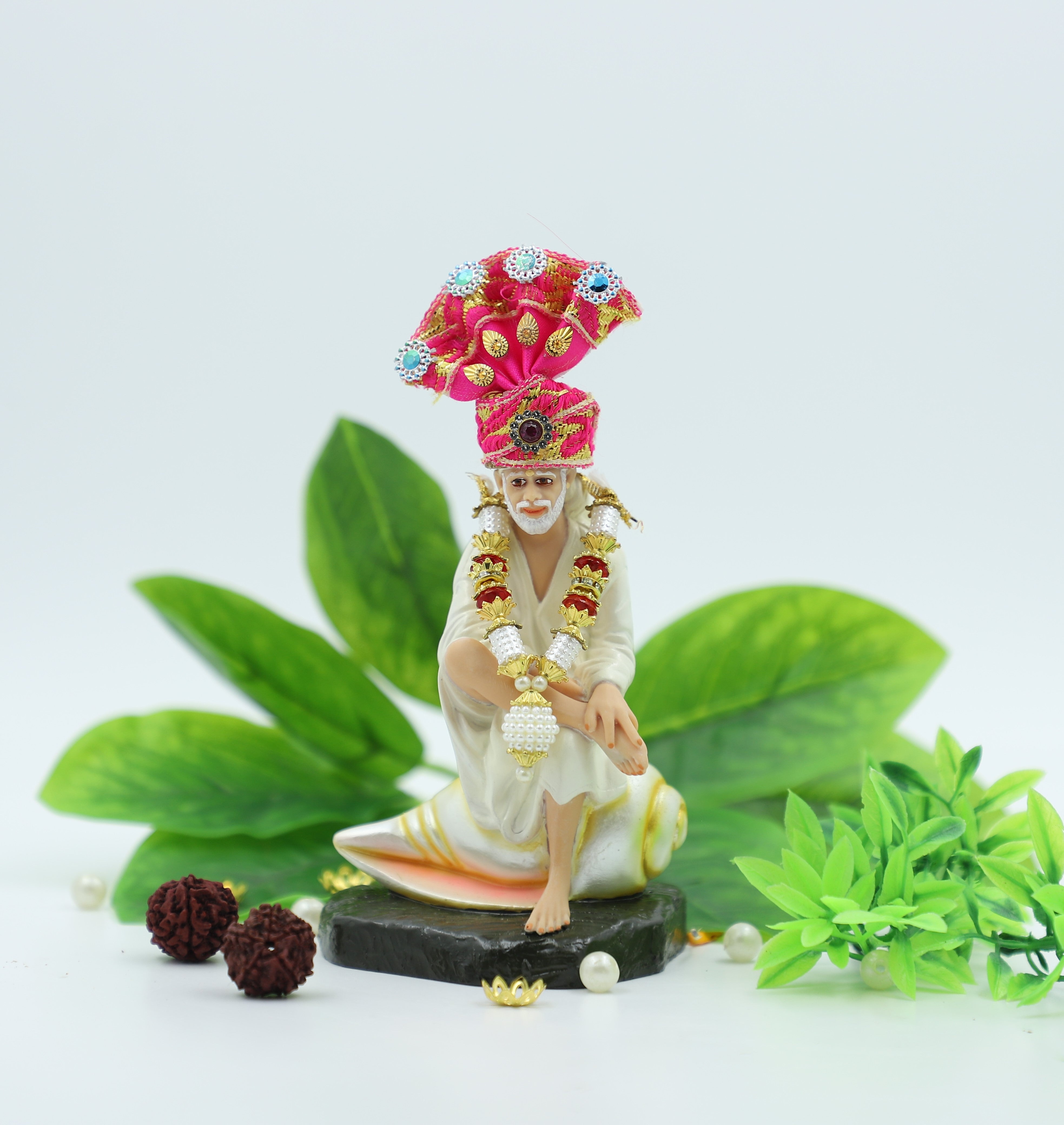 🕉️Hemant Art Shirdi Sai Baba Idol – 5 Inch – Sitting on Conch Shell – Pure Resin Marble Finish
